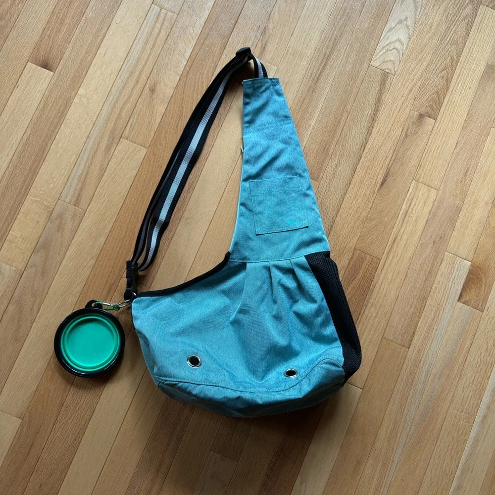 Teal Sling Dog Carrying Bag with Black and White Strap